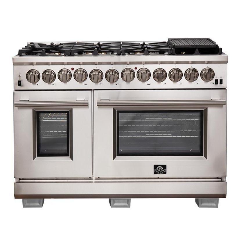 Forno 3-Piece Appliance Package - 48-Inch Dual Fuel Range, Wall Mount Hood, and Refrigerator with Water Dispenser in Stainless Steel