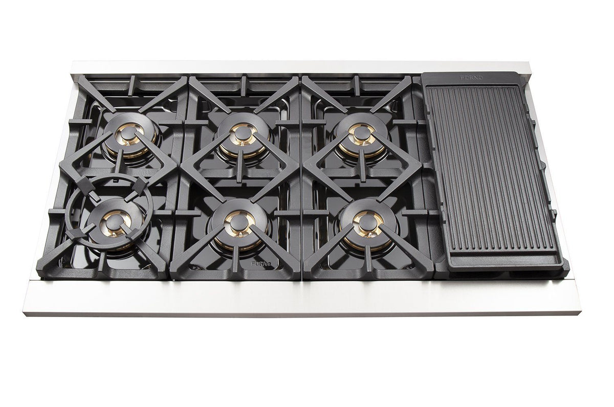 Forno 5-Piece Pro Appliance Package - 48-Inch Gas Range, Refrigerator with Water Dispenser, Wall Mount Hood, 24-Inch Microwave Drawer, & 3-Rack Dishwasher in Stainless Steel
