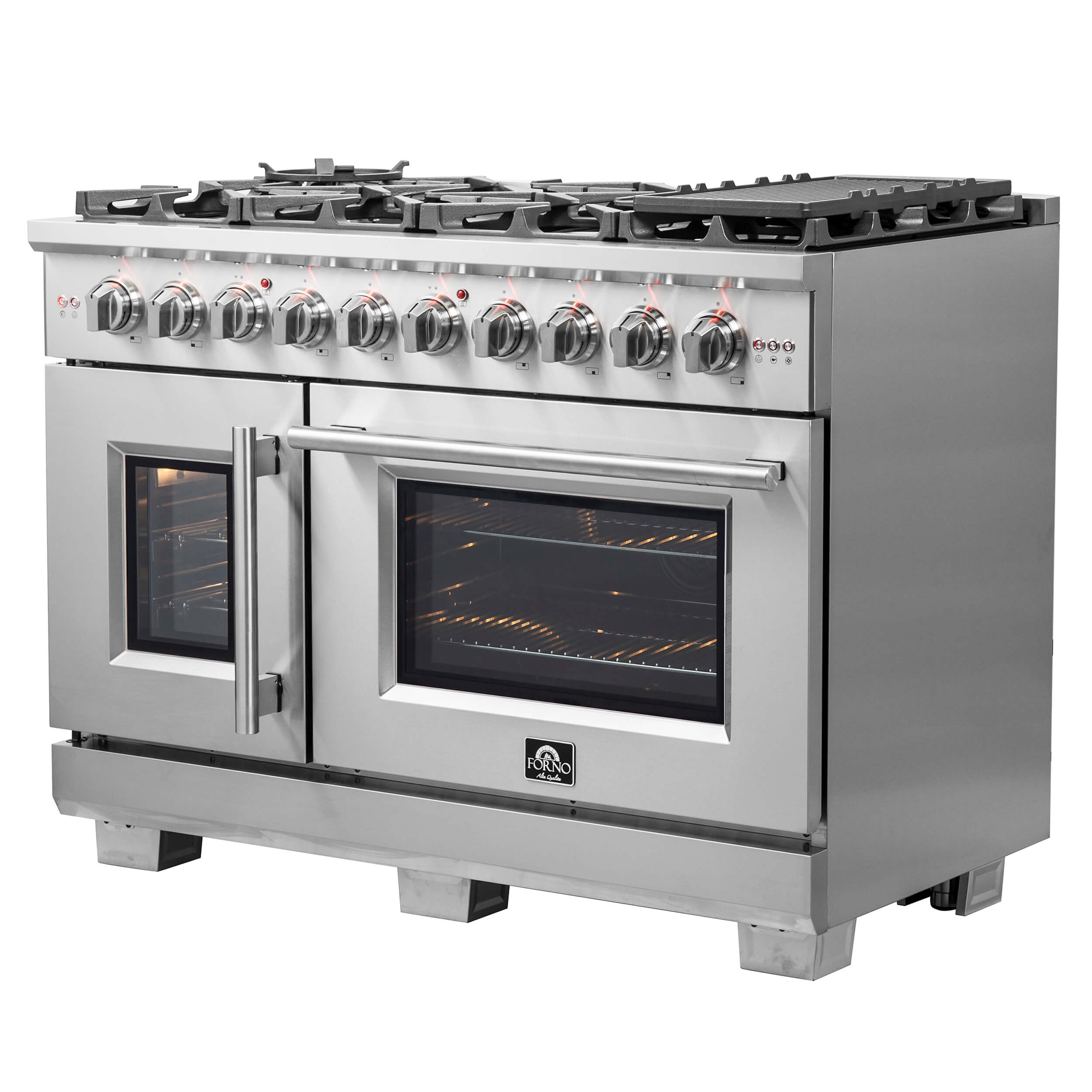 Forno 48-Inch Galiano Dual Fuel Range with 8 Gas Burner Cooktop,  & 6.58 Cu.Ft. Double Ovens in Stainless Steel (FFSGS6356-48)