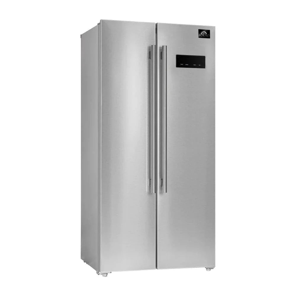 Forno Espresso 3-Piece Appliance Package - 30-Inch Electric Range with 5.0 Cu.Ft. Electric Oven, Built-In Refrigerator, and Under Cabinet Range Hood in Stainless Steel with Antique Brass Trim