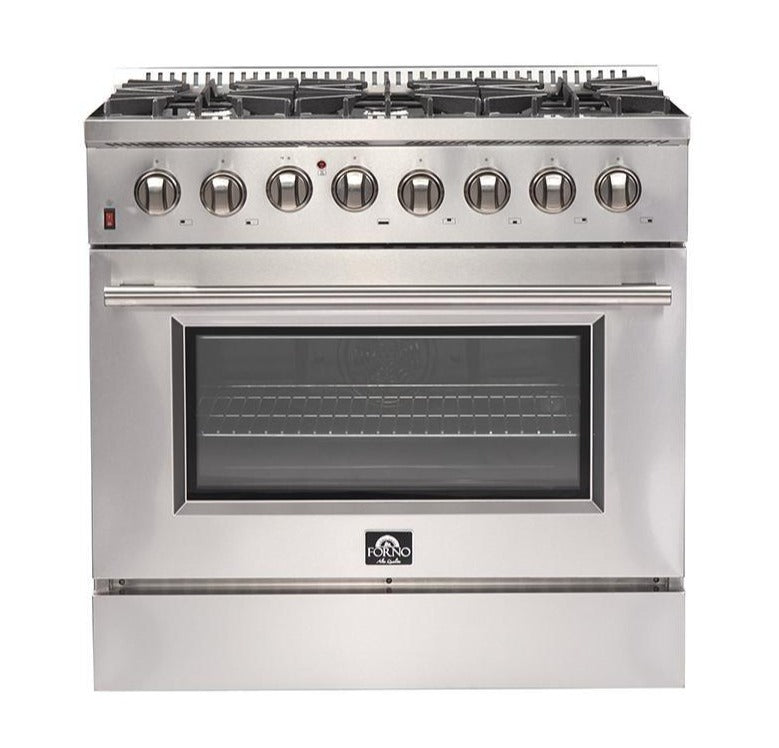 Forno 5-Piece Appliance Package - 36-Inch Dual Fuel Range, Wall Mount Range Hood, 36-Inch Refrigerator, Dishwasher, and 24-Inch Microwave Drawer in Stainless Steel