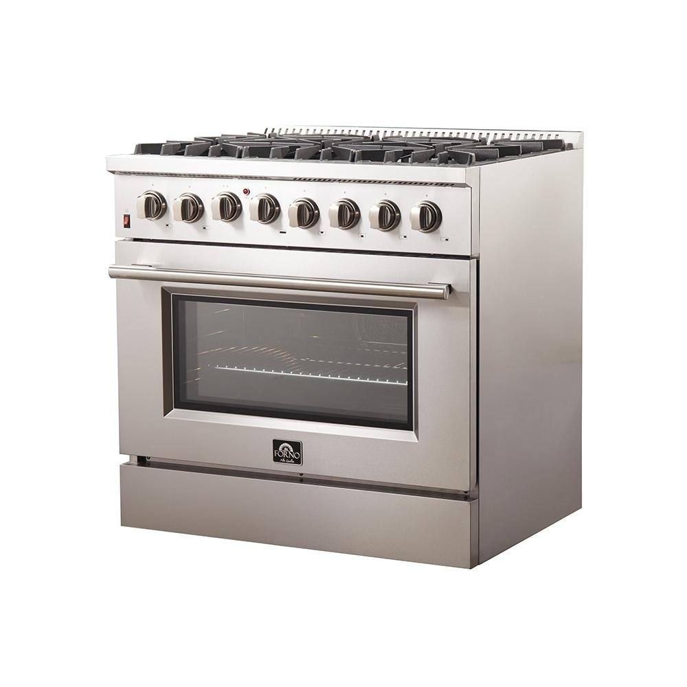 Forno 5-Piece Appliance Package - 36-Inch Dual Fuel Range, Wall Mount Range Hood, 36-Inch Refrigerator, Dishwasher, and 24-Inch Microwave Drawer in Stainless Steel