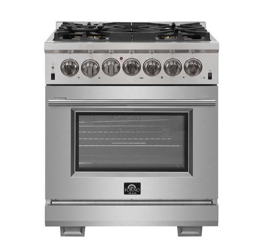 Forno 4-Piece Pro Appliance Package - 30-Inch Dual Fuel Range, Premium Hood, Pro-Style Refrigerator, and Dishwasher in Stainless Steel