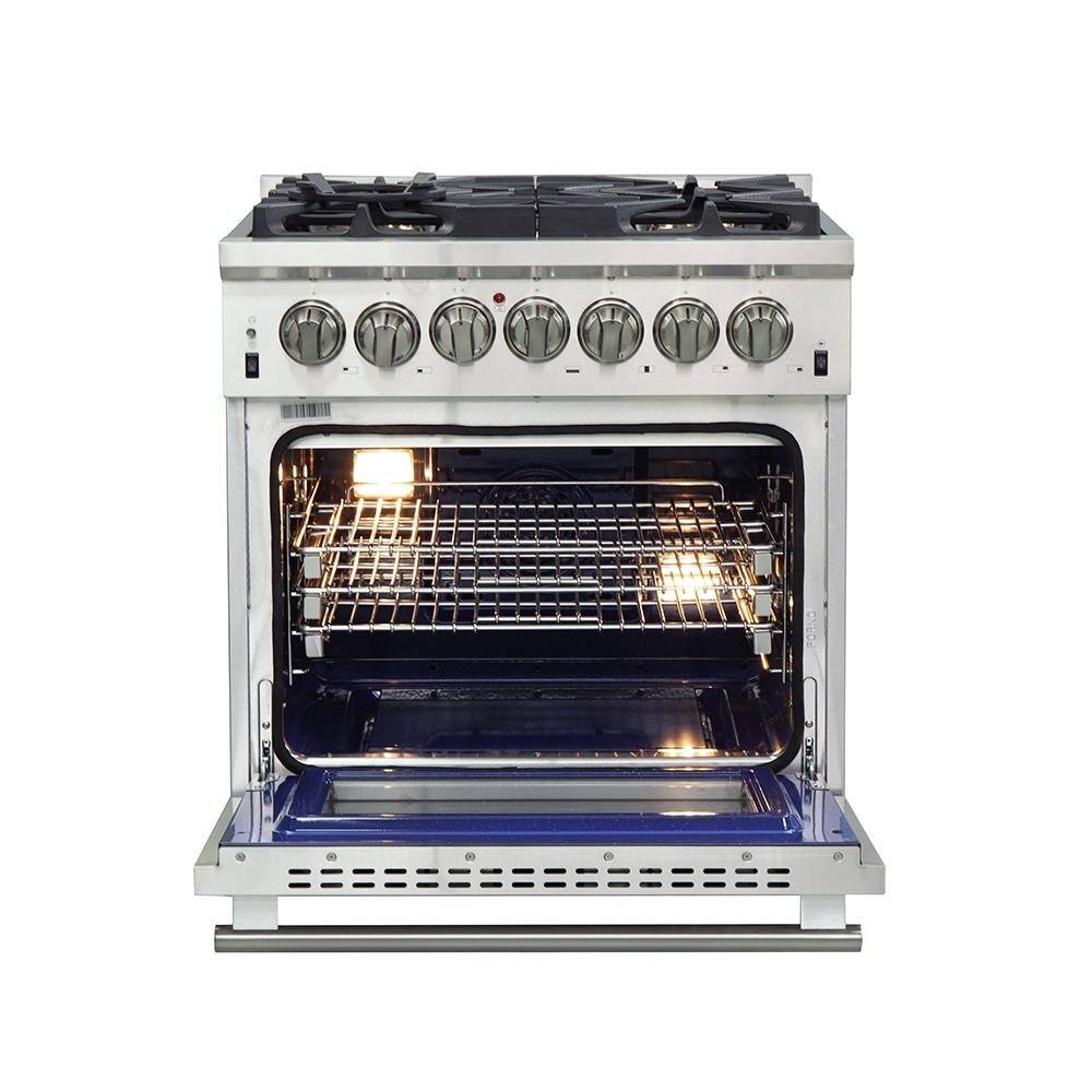 Forno 4-Piece Pro Appliance Package - 30-Inch Dual Fuel Range, Premium Hood, Pro-Style Refrigerator, and Dishwasher in Stainless Steel