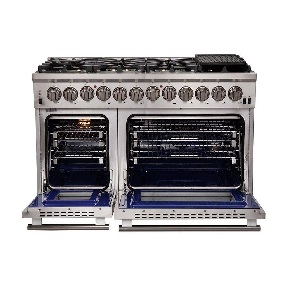 Forno 5-Piece Pro Appliance Package - 48-Inch Dual Fuel Range, 60-Inch Pro-Style Refrigerator, Wall Mount Hood with Backsplash, 24-Inch Microwave Drawer, & 3-Rack Dishwasher in Stainless Steel