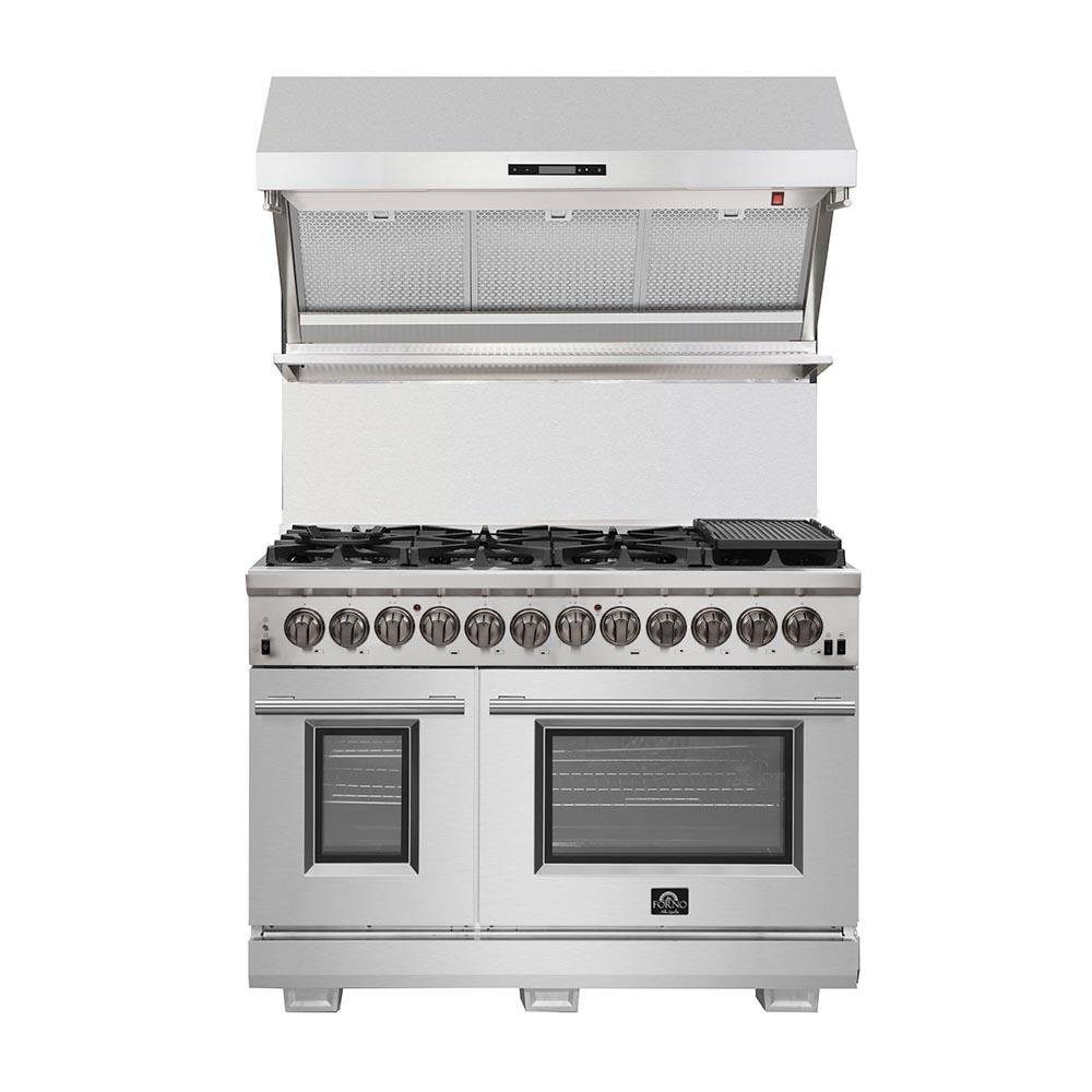 Forno 5-Piece Pro Appliance Package - 48-Inch Dual Fuel Range, 60-Inch Pro-Style Refrigerator, Wall Mount Hood with Backsplash, 24-Inch Microwave Drawer, & 3-Rack Dishwasher in Stainless Steel