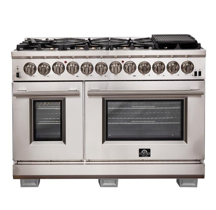 Forno 5-Piece Pro Appliance Package - 48-Inch Dual Fuel Range, 60-Inch Pro-Style Refrigerator, Wall Mount Hood with Backsplash, 24-Inch Microwave Drawer, & 3-Rack Dishwasher in Stainless Steel