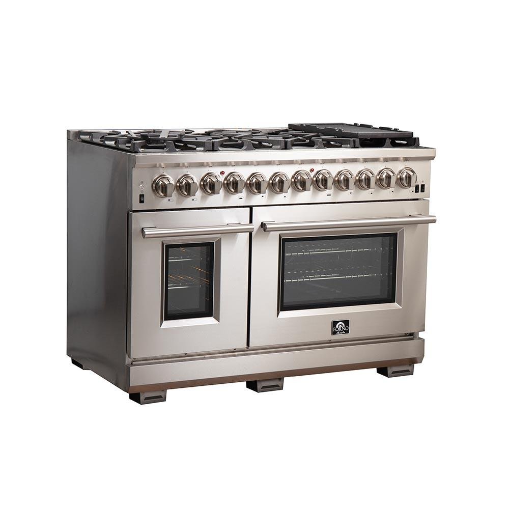 Forno 5-Piece Pro Appliance Package - 48-Inch Dual Fuel Range, 60-Inch Pro-Style Refrigerator, Wall Mount Hood with Backsplash, 24-Inch Microwave Drawer, & 3-Rack Dishwasher in Stainless Steel