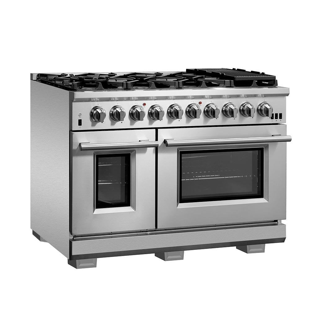 Forno 5-Piece Pro Appliance Package - 48-Inch Gas Range, 60-Inch Pro-Style Refrigerator, Wall Mount Hood with Backsplash, 24-Inch Microwave Oven, & 3-Rack Dishwasher in Stainless Steel