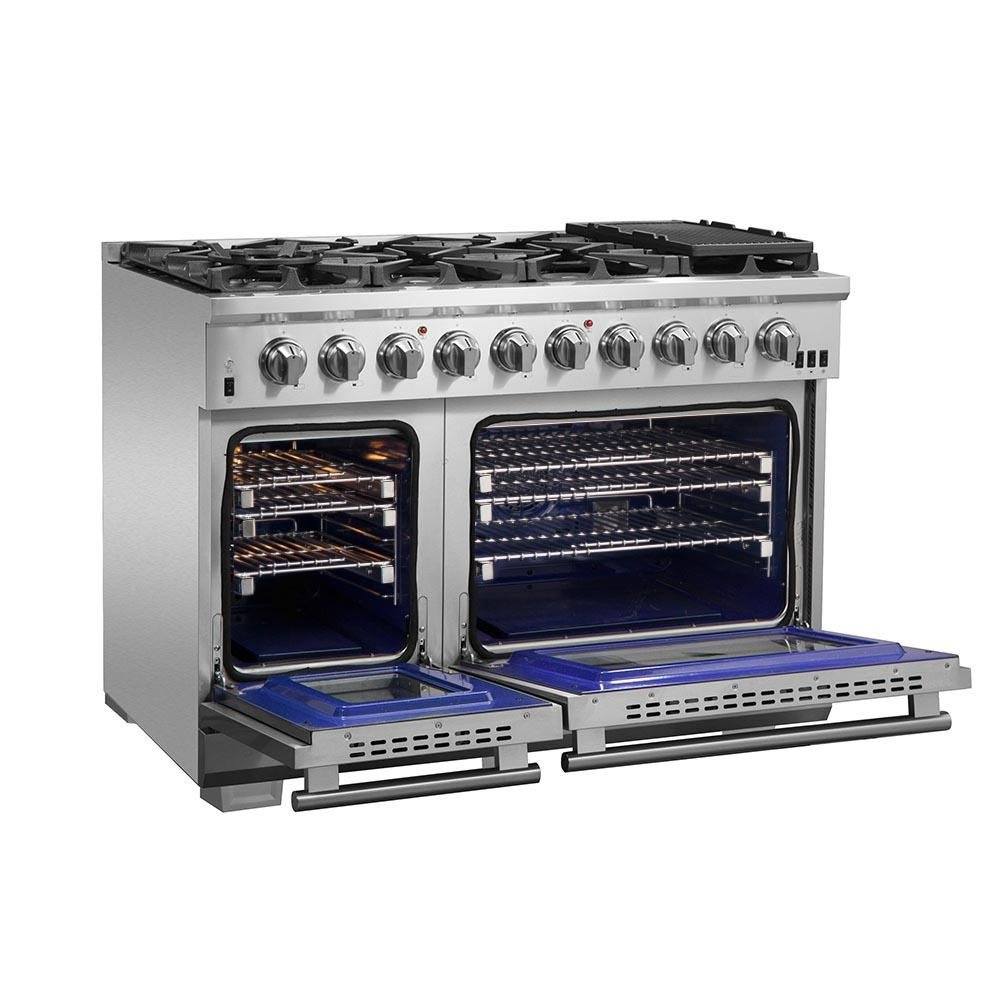 Forno 5-Piece Pro Appliance Package - 48-Inch Gas Range, 60-Inch Pro-Style Refrigerator, Wall Mount Hood with Backsplash, 24-Inch Microwave Oven, & 3-Rack Dishwasher in Stainless Steel
