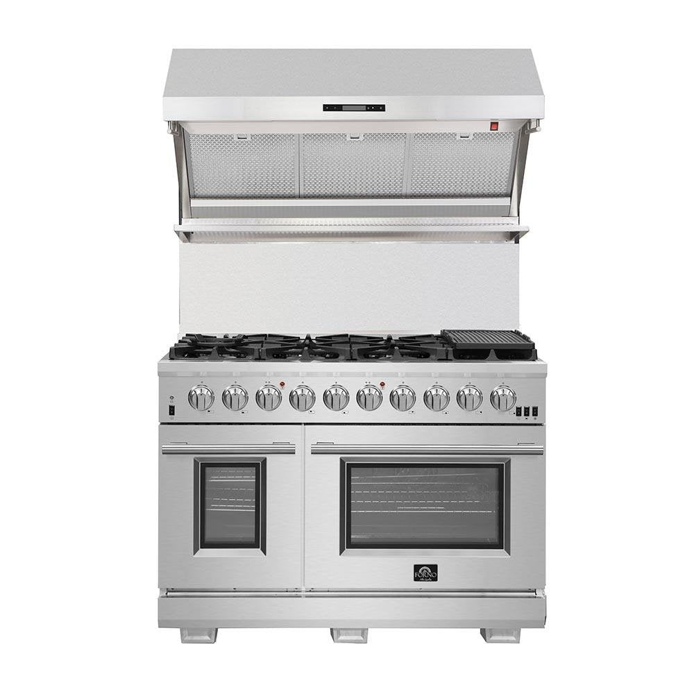 Forno 5-Piece Pro Appliance Package - 48-Inch Gas Range, 60-Inch Pro-Style Refrigerator, Wall Mount Hood with Backsplash, 24-Inch Microwave Oven, & 3-Rack Dishwasher in Stainless Steel