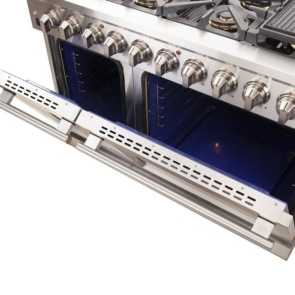 Forno 5-Piece Pro Appliance Package - 48-Inch Gas Range, 60-Inch Pro-Style Refrigerator, Wall Mount Hood with Backsplash, 24-Inch Microwave Oven, & 3-Rack Dishwasher in Stainless Steel