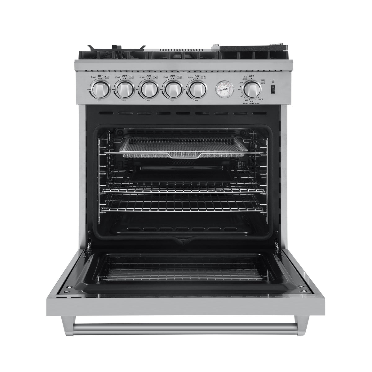Forno 4-Piece Appliance Package - 30-Inch Gas Range with Air Fryer, Refrigerator, 24-Inch Microwave Oven, & 3-Rack Dishwasher in Stainless Steel