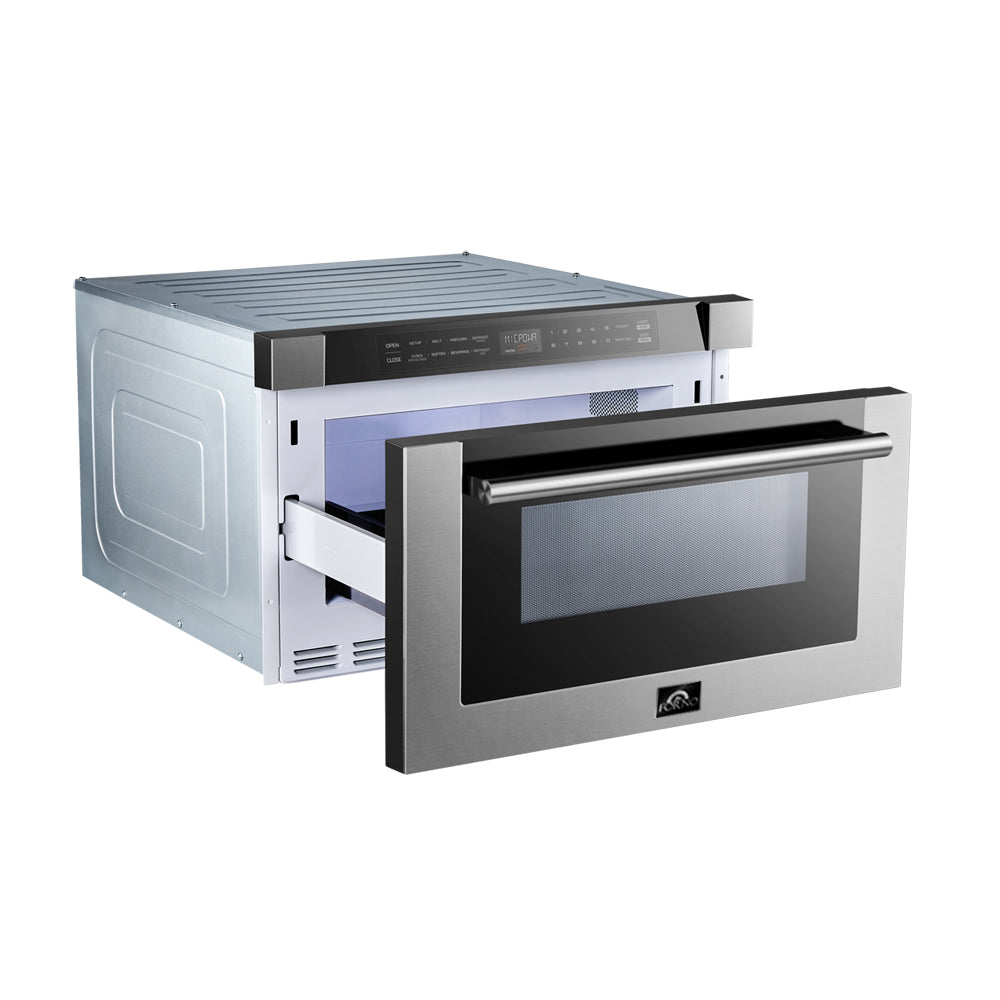 Forno 5-Piece Pro Appliance Package - 48-Inch Dual Fuel Range, 60-Inch Pro-Style Refrigerator, Wall Mount Hood with Backsplash, 24-Inch Microwave Drawer, & 3-Rack Dishwasher in Stainless Steel
