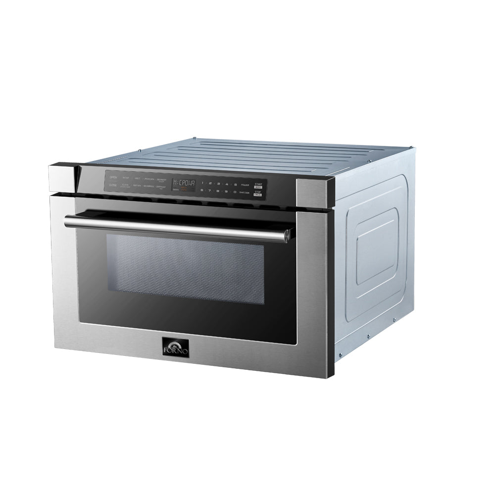 Forno 5-Piece Pro Appliance Package - 48-Inch Dual Fuel Range, 60-Inch Pro-Style Refrigerator, Wall Mount Hood with Backsplash, 24-Inch Microwave Drawer, & 3-Rack Dishwasher in Stainless Steel