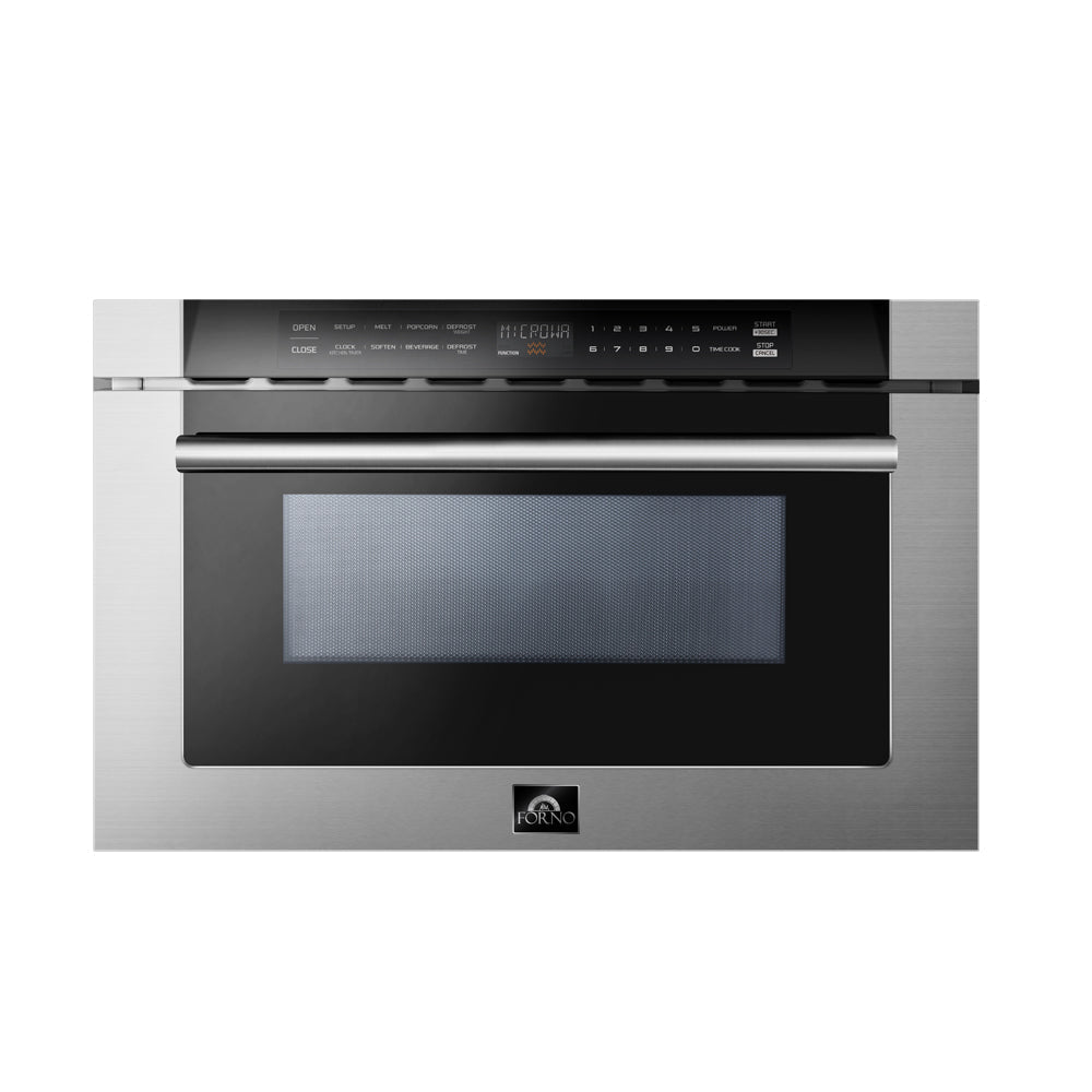 Forno 5-Piece Pro Appliance Package - 48-Inch Dual Fuel Range, 60-Inch Pro-Style Refrigerator, Wall Mount Hood with Backsplash, 24-Inch Microwave Drawer, & 3-Rack Dishwasher in Stainless Steel