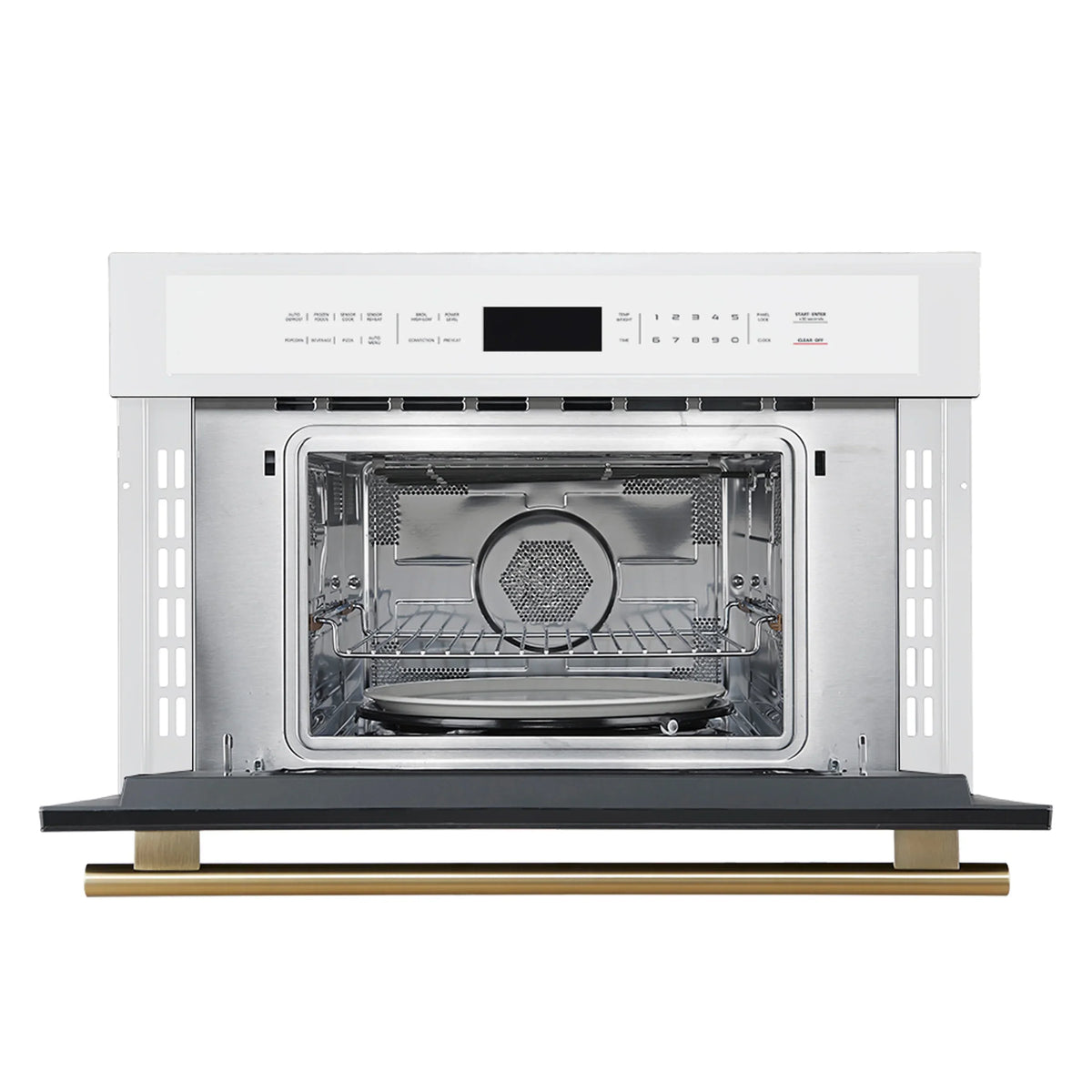 Forno 5-Piece Appliance Package - 48-Inch Gas Range, Wall Mount Range Hood, 60-Inch Refrigerator, Dishwasher, & 30-Inch Microwave Oven in White with Antique Brass Trim