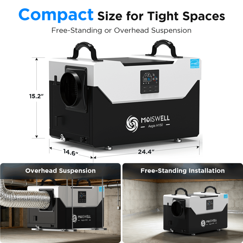Moiswell Aegis commercial crawl space dehumidifier H150 - compact installation options