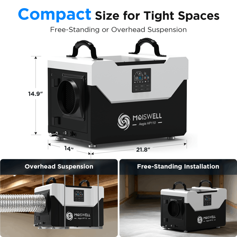 Moiswell Aegis commercial crawl space dehumidifier HP110 - compact installation options