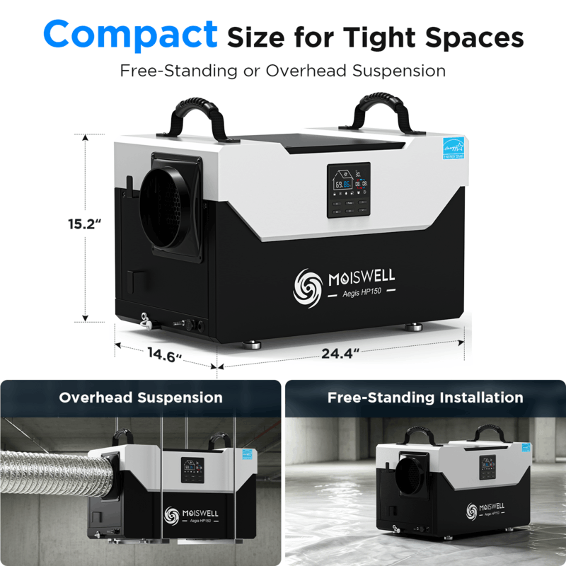 Moiswell Aegis crawl space dehumidifier HP150 - compact installation options