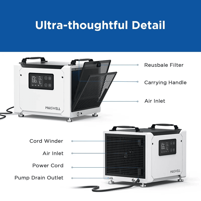 Moiswell Defender commercial basement dehumidifier ME-7S - filter and pump drain