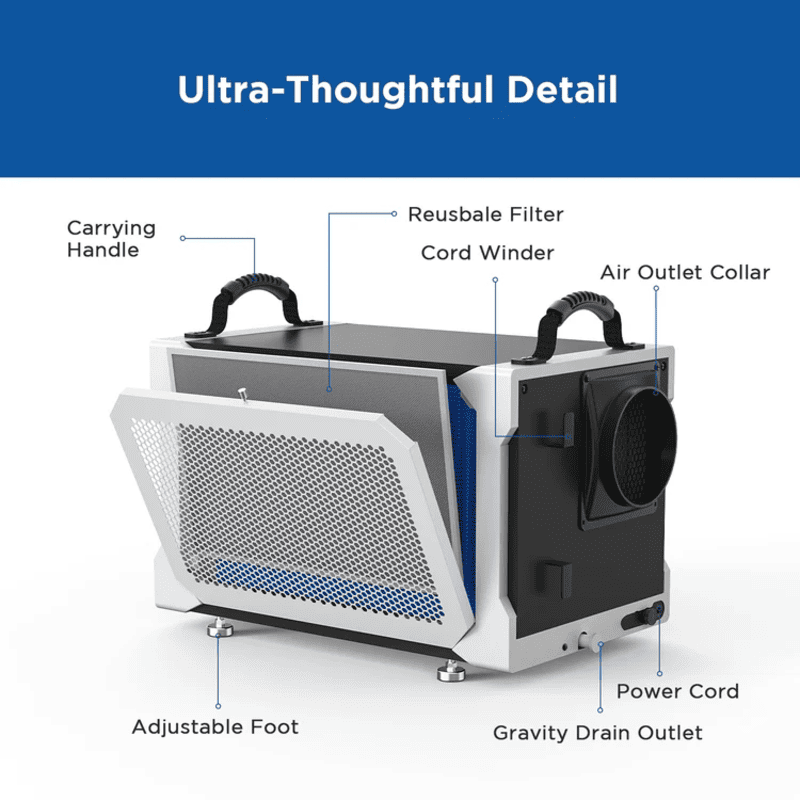 Moiswell Defender crawl space dehumidifier MP145 - filter and drain outlet
