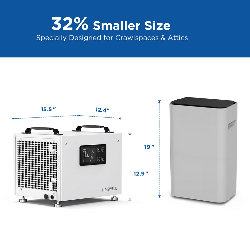 Moiswell Defender commercial basement dehumidifier S60 - compact size comparison