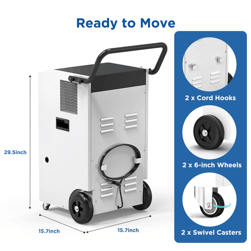 Moiswell Explorer commercial dehumidifier VP170 - mobility and dimensions