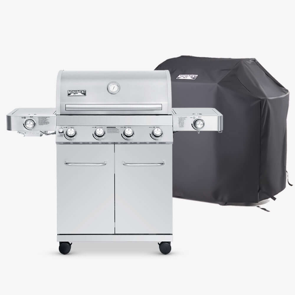 Monument Grills Classic 24367 stainless steel gas grill shown with grill cover