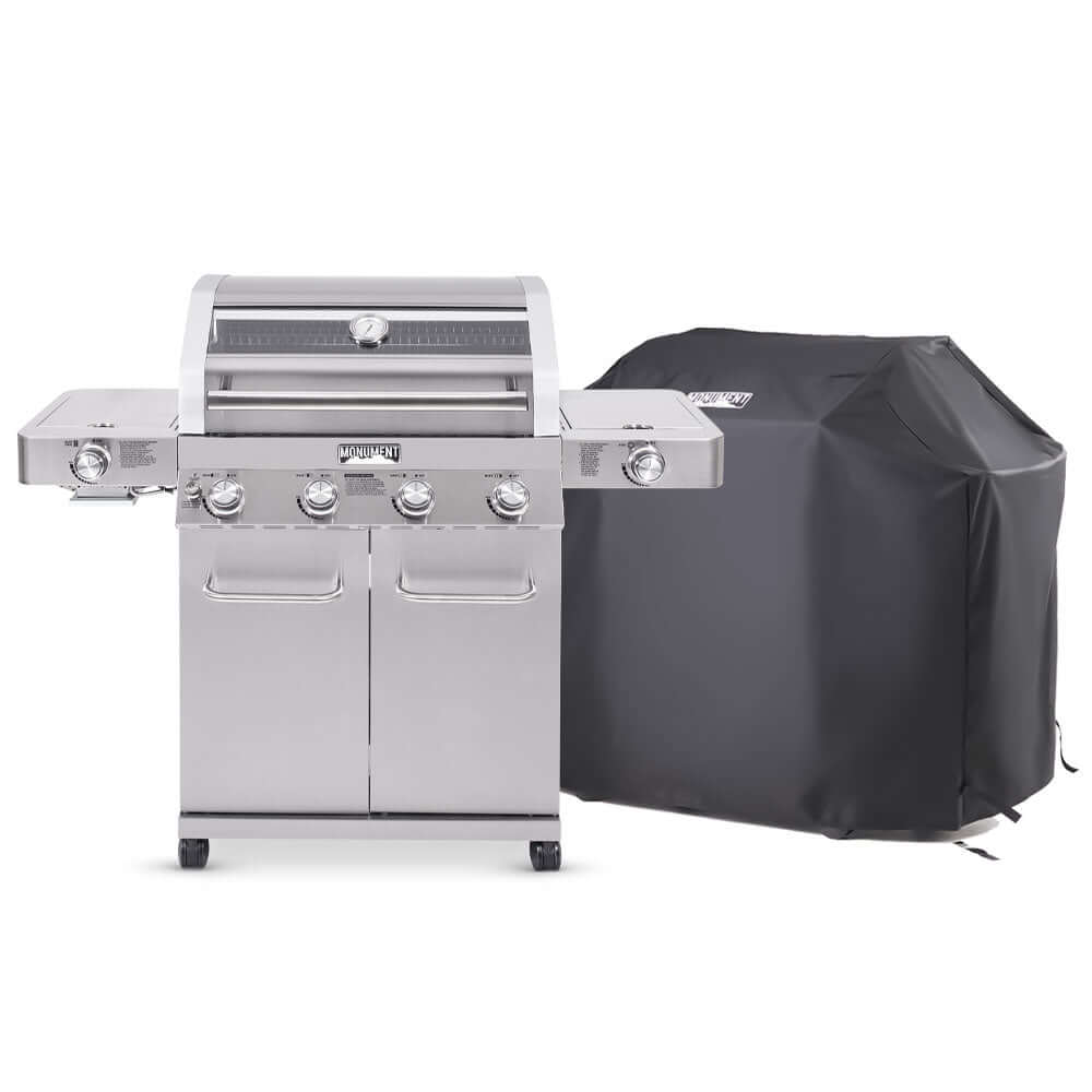 Monument Grills Classic 35633 stainless steel gas grill shown with grill cover