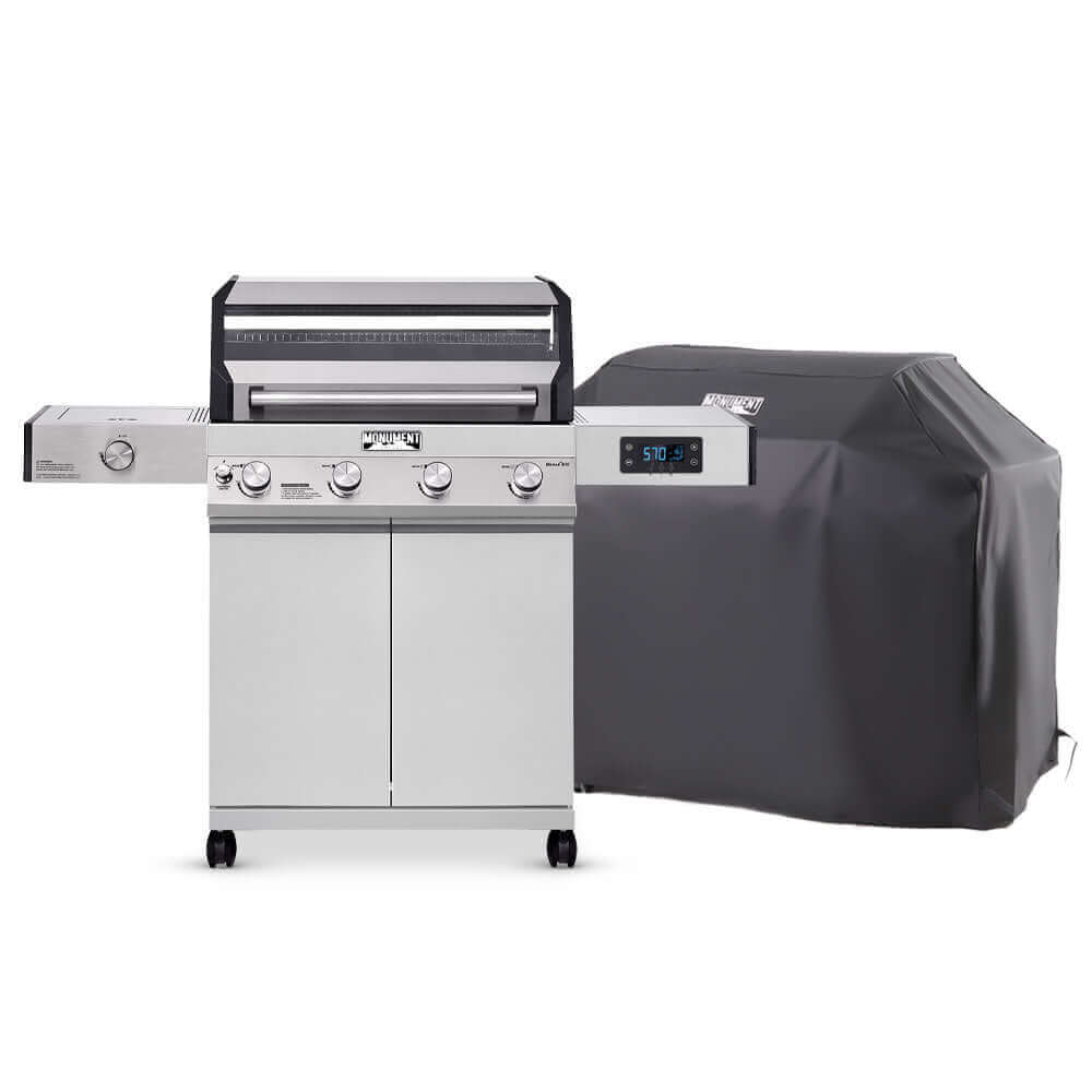 Monument Grills Denali 405 stainless steel smart tech gas grill shown with grill cover