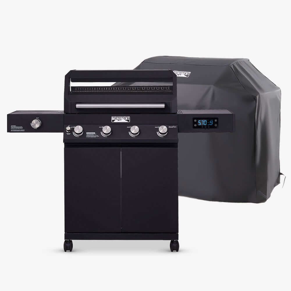 Monument Grills Denali 425 black smart tech gas grill shown with grill cover