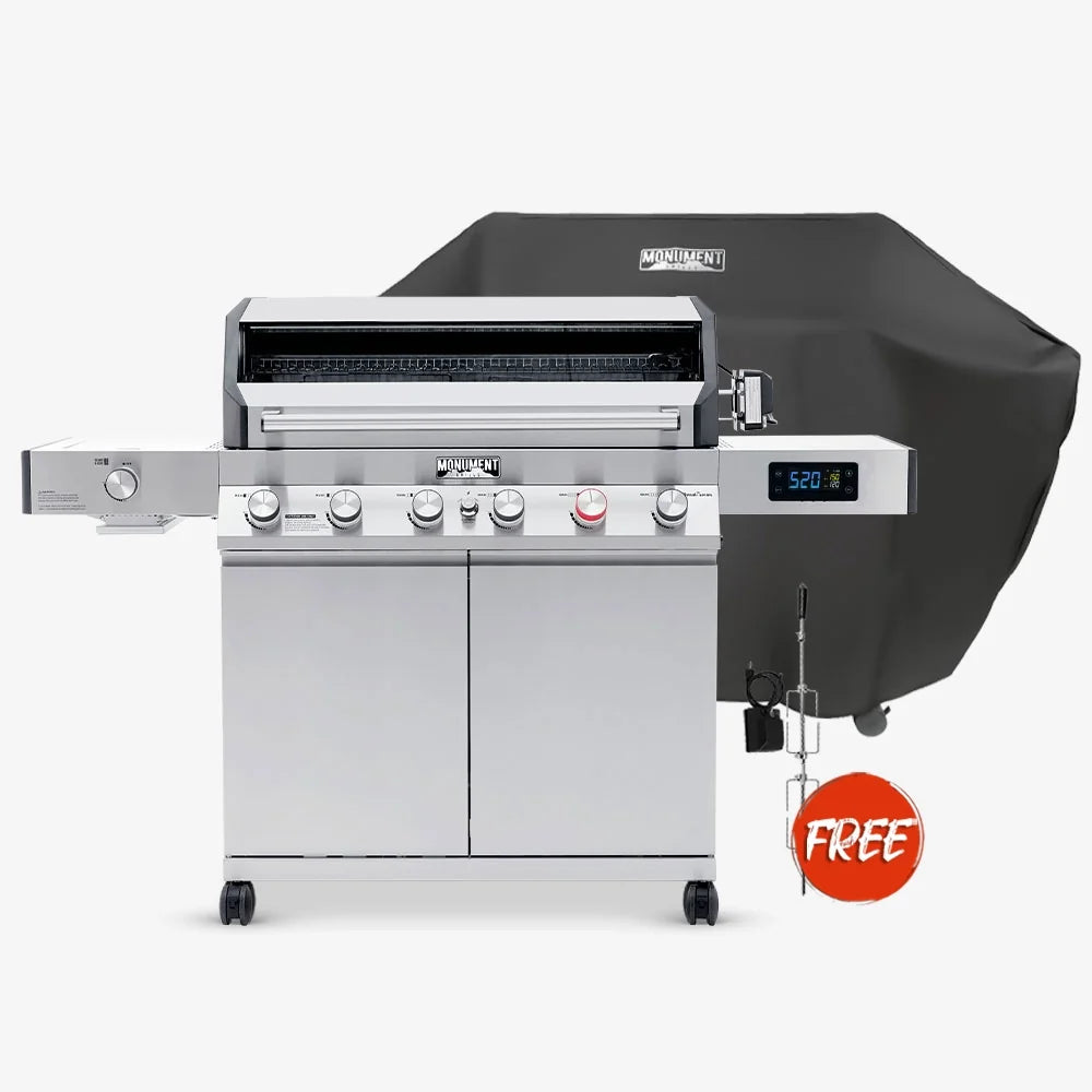 Monument Grills Denali 605Pro six burner stainless steel smart propane gas grill with cover and rotisserie kit