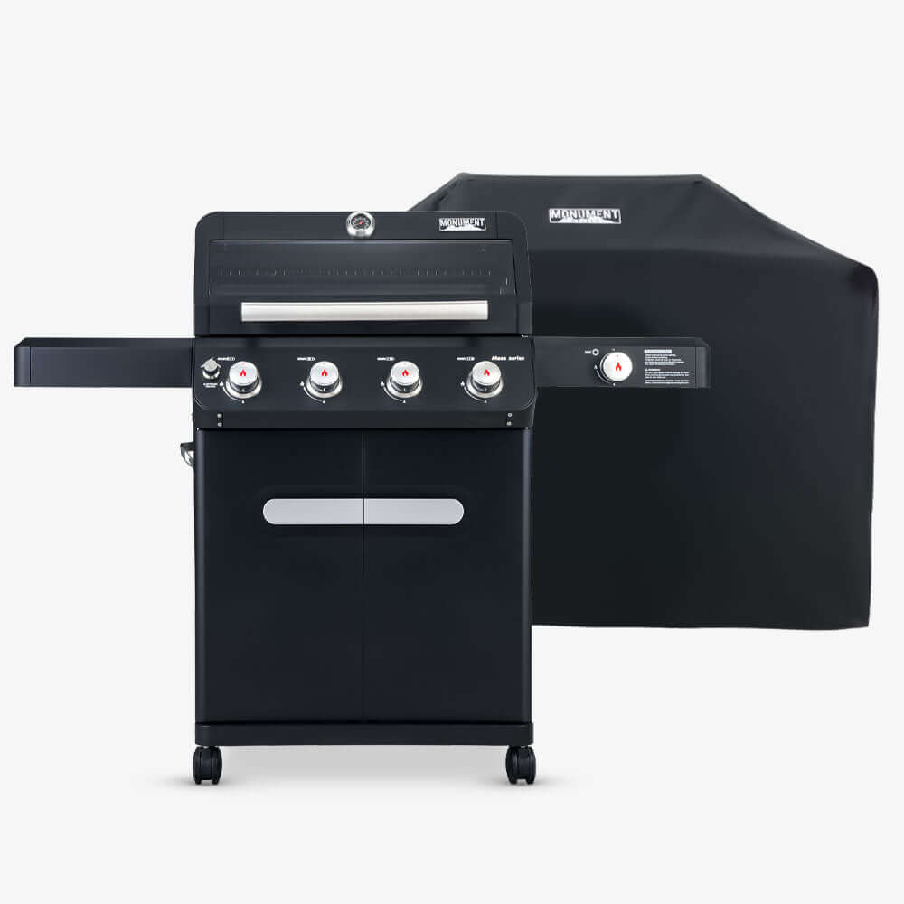 Monument Grills Mesa 425 black propane gas grill shown with grill cover