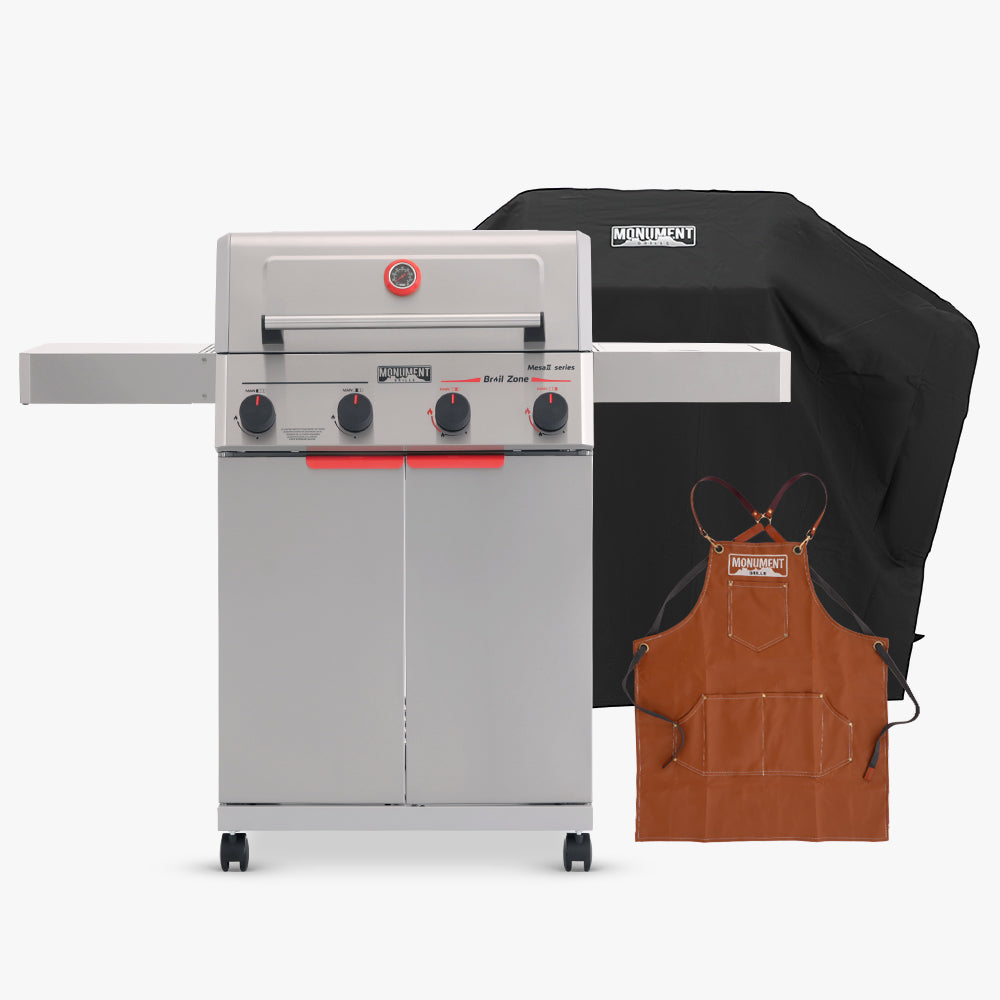 Monument Grills Mesa II 410BZ propane gas grill with rain cover and apron