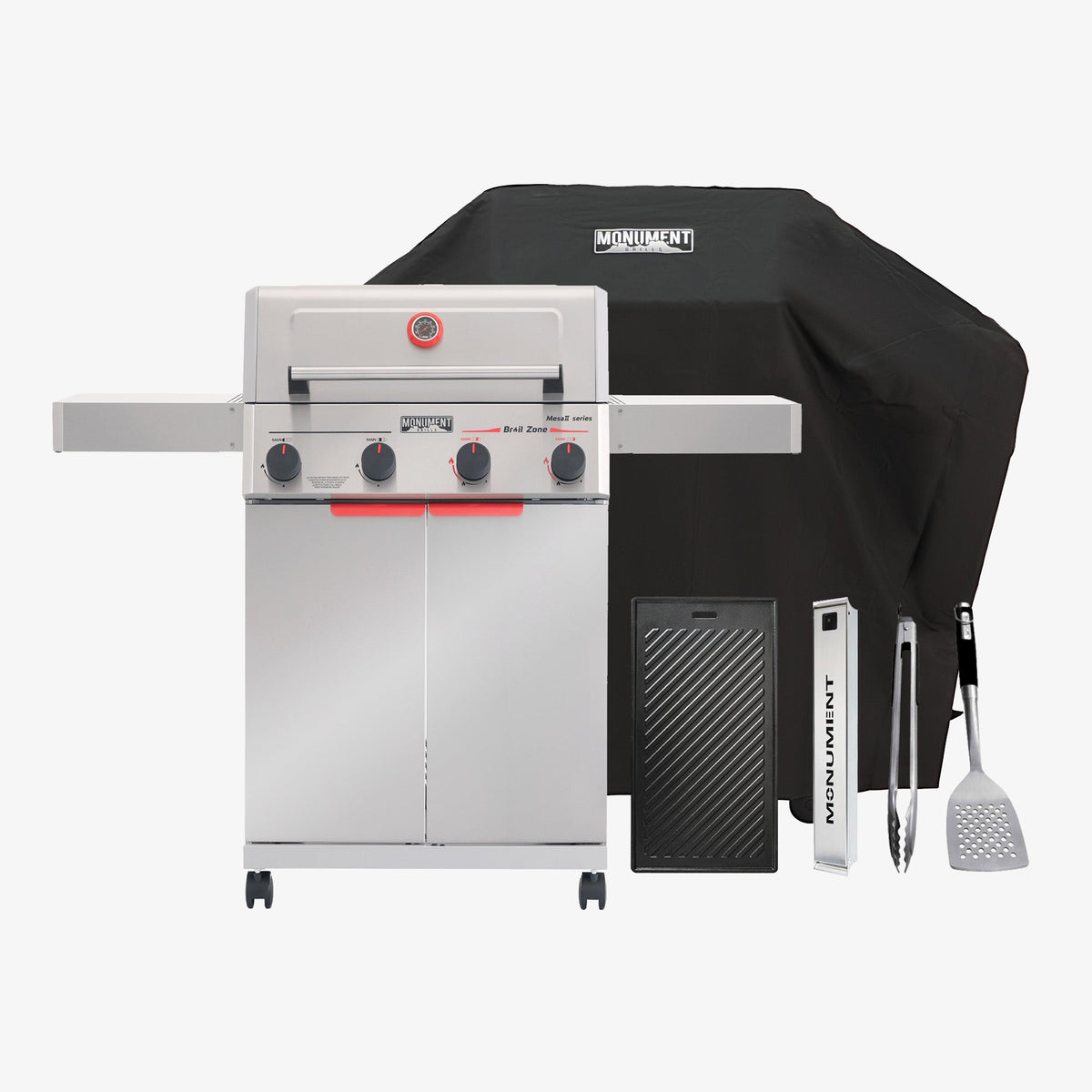Monument Grills Mesa II 410BZ propane gas grill with rain cover, griddle, smoker box, tongs and spatula