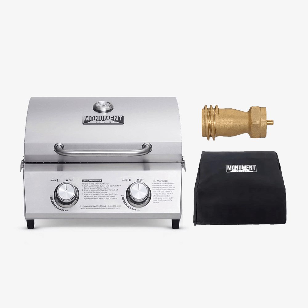 Monument Grills Table Top 13742 stainless steel gas grill with cover and 1 lb tank adapter