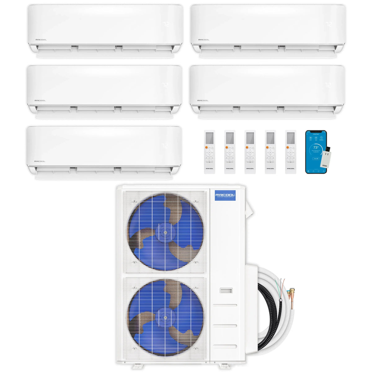 MRCOOL DIY 5th Gen 5-Zone 48,000 BTU Ductless Mini Split Air Conditioner and Heat Pump Condenser, 24K+18K+9K+6K+6K Wall-Mount Air Handlers
