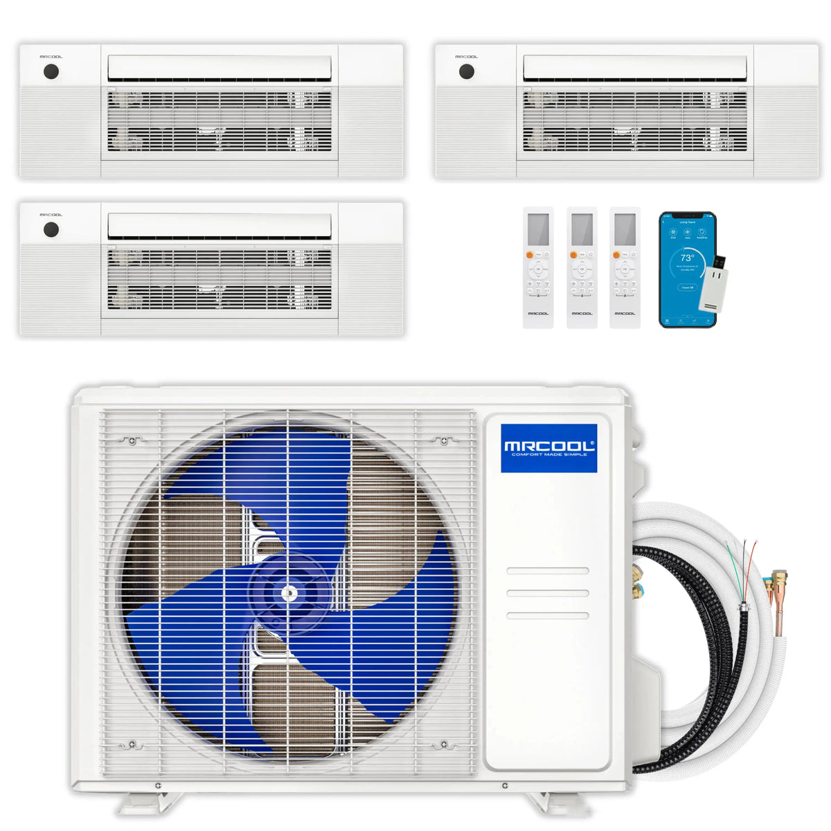 MRCOOL DIY 5th Gen 3-Zone 18,000 BTU Ductless Mini Split Air Conditioner and Heat Pump Condenser, 9K+9K+6K Ceiling Cassette Air Handlers