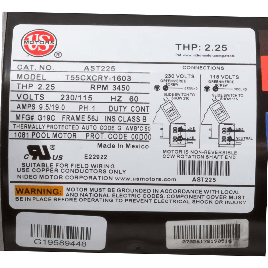 Nidec 2.25HP 1-Speed Up-Rated Motor 56J Hayward AST225
