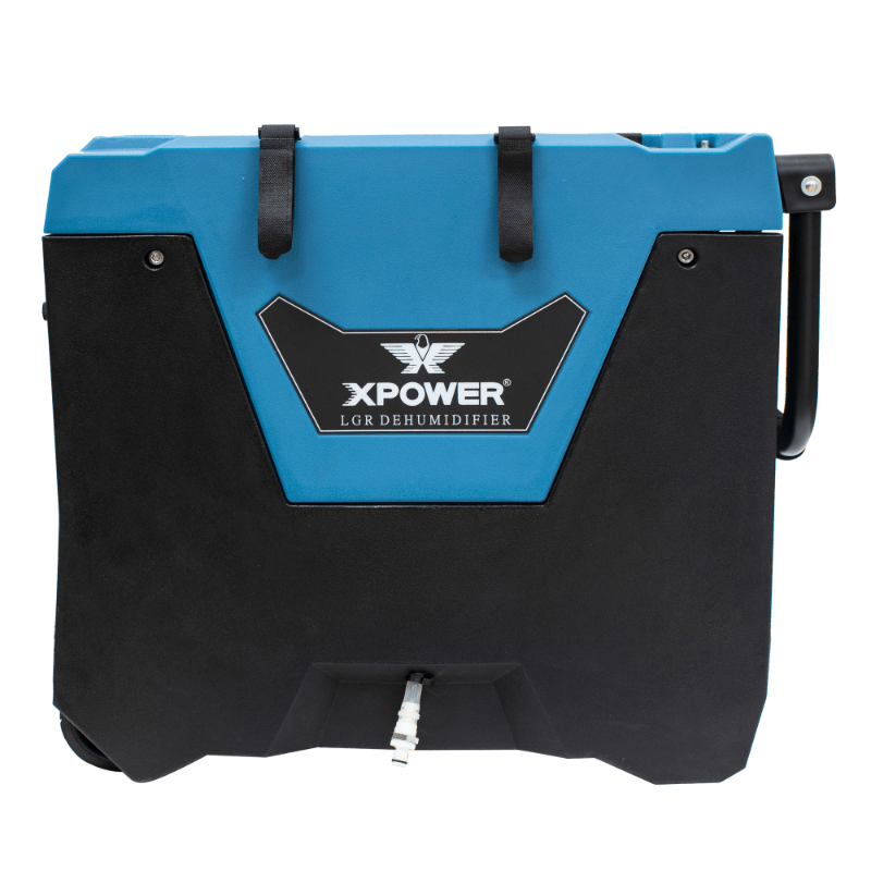 XPOWER LGR commercial dehumidifier XD-85L2 - blue, right side view, handle folded down