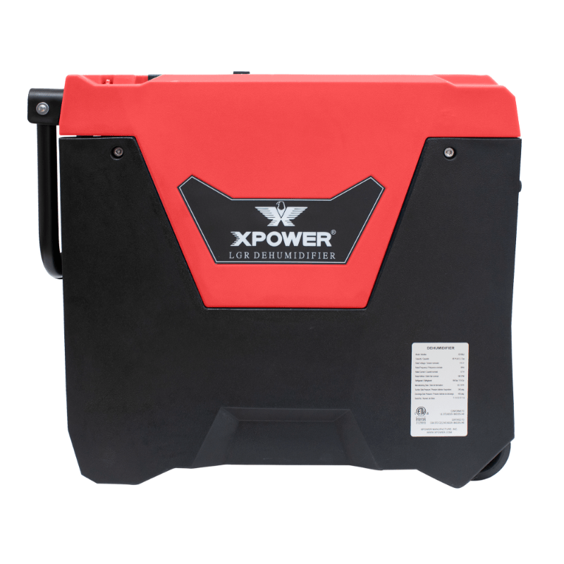 XPOWER LGR commercial dehumidifier XD-85L2 - red, left side view, handle folded down